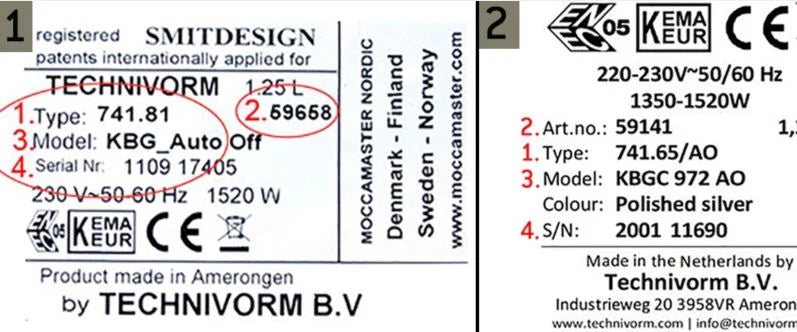 Produktetikett med type, modell, artikkelnummer og serienummer